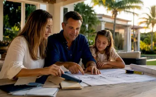 Family reviewing custom home architectural plans
